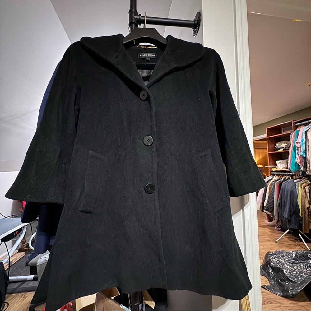 Ellen Tracy Black Wool/Angora Blend Pea Coat Wide Collar Size 8 Preppy